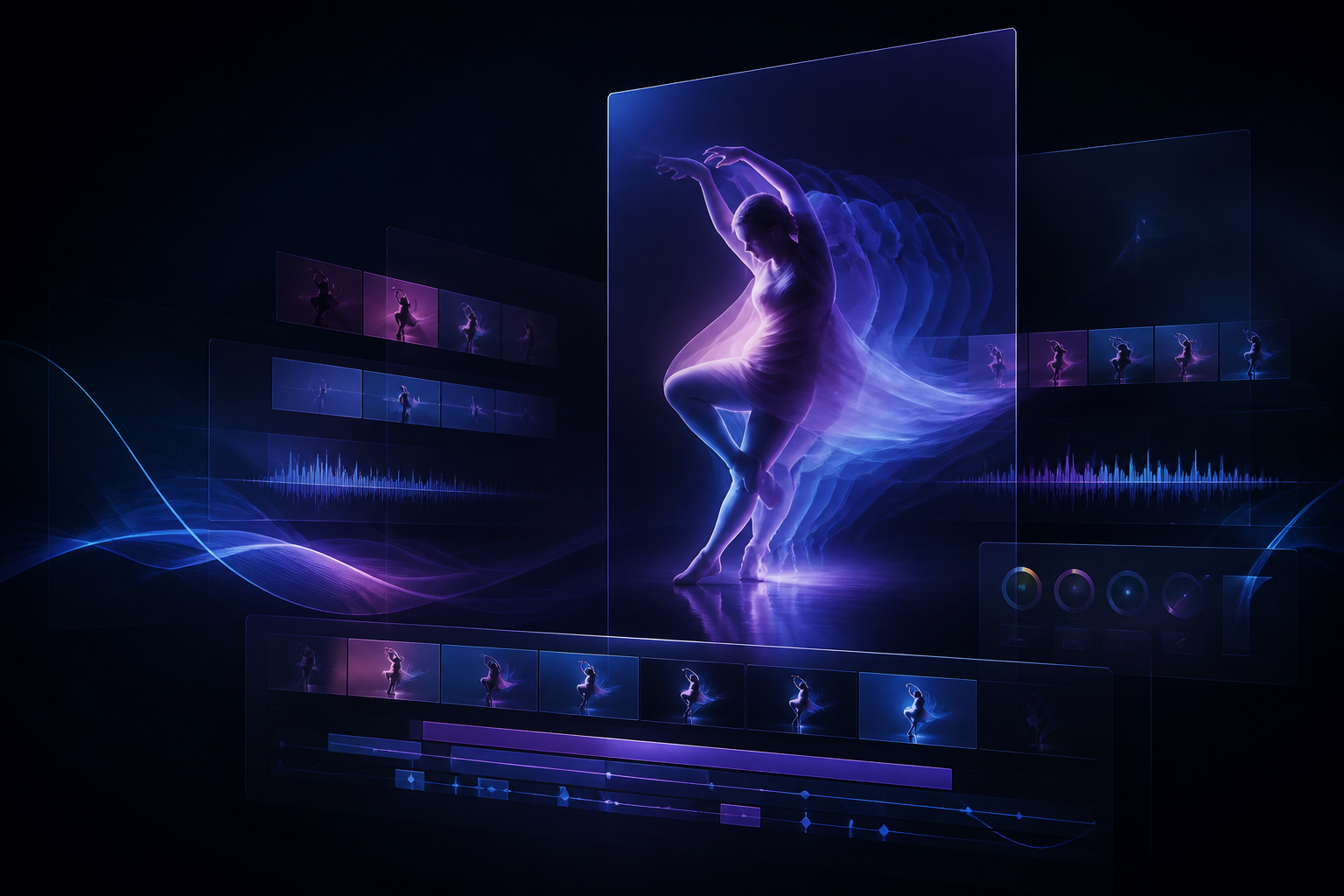 AI editing visualization with motion, scenes, music waveform and timeline